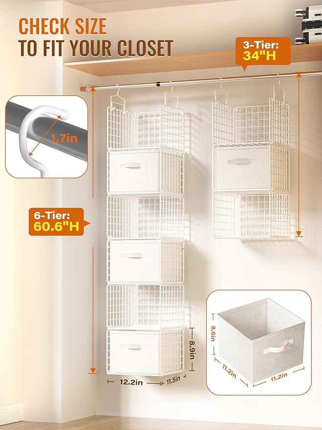Closet Hanging Organizer with Drawers, 6 Tier Metal Closet Organizers and Storage with 4 Hanging Hooks 4 S-Hooks for Wardrobe Laundry Room, Wire Storage Shelf for Clothes Sweaters Pants (White)