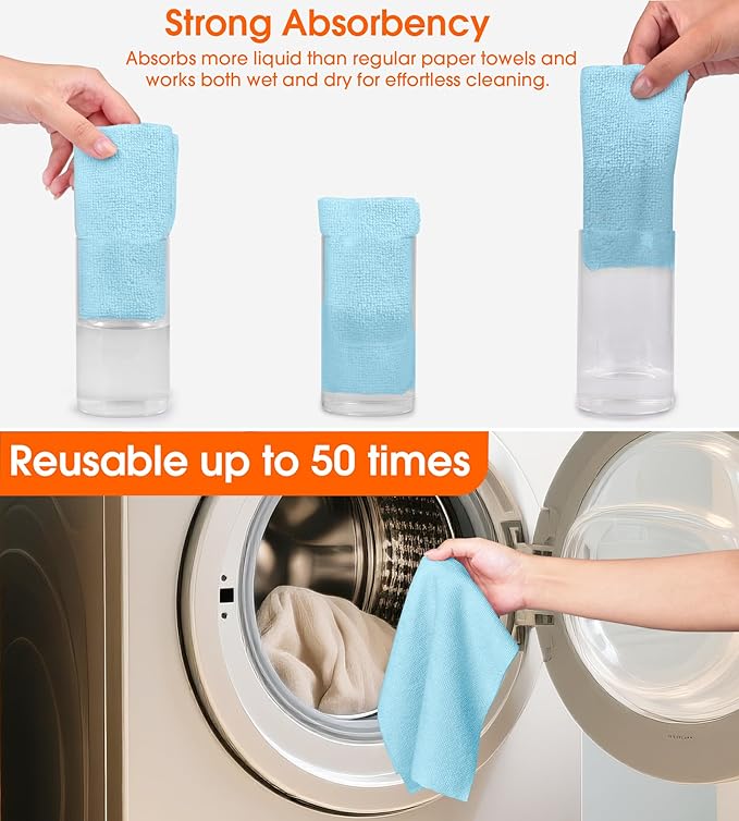 CHAUNCEY HOME Microfiber Cleaning Cloth Roll - 100 Pack Tear Away Microfiber Paper Towels, Reusable, Washable, Scratch-Free, Kitchen Towels for Car, Home, Kitchen, Glass, Dishes (Blue)