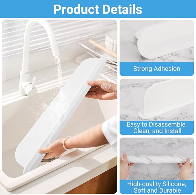 19.29 inch Silicone Sink Splash Guard, Splash Guard for Kitchen Sink Area, Backsplash Protector for Kitchen Countertop & Bathroom Bathtub with Non-Slip Strong Suction, White