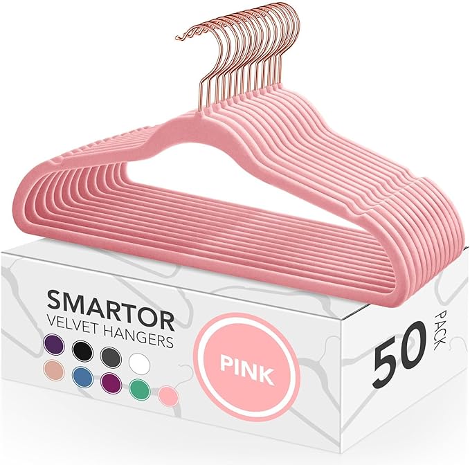 Smartor Pink Velvet Hangers - 50 Pack, Felt Hangers Non Slip Rose Gold Velvet Hangers, Heavy Duty Felt Hanger Flocked Hangers as Coat Hangers, Suit Hangers - Heavy Duty Clothes Hangers Velvet - Pink