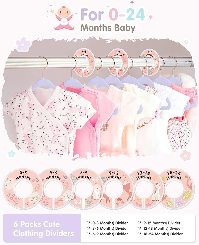 VIS'V Baby Hangers, 11 Inch Velvet Kids Hangers with 6 Pcs Clothes Size Dividers, Infant Toddler Nursery Closet Organization, Non Slip, Lavender, 50 Pcs