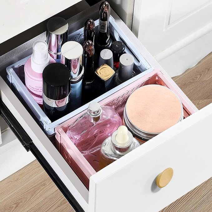 Plastic Storage Baskets for Desk Organizing, Office Drawer Organizer, 2 Medium+2 Small Durable Folding Storage Crate for Home Kitchen Classroom Office Bedroom and Bathroom Storage (White)