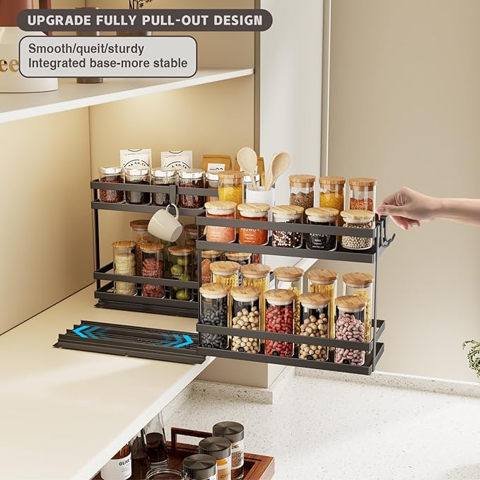 Pull Out Spice Rack Organizer for Cabinet, 1 Pack Metal Seasoning Organizer Slide Out Spice Storage Shelf No Assembly Vertical Spice Rack Pullout for Kitchen & Bahthroom No Drill(2 Tier,Black)