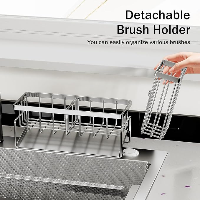 Sponge Holder & Sink Caddy Organizer - Rustproof Kitchen Sink Organizer High Brush Holder - Home Essentials Countertop Storage Organization (Silver)