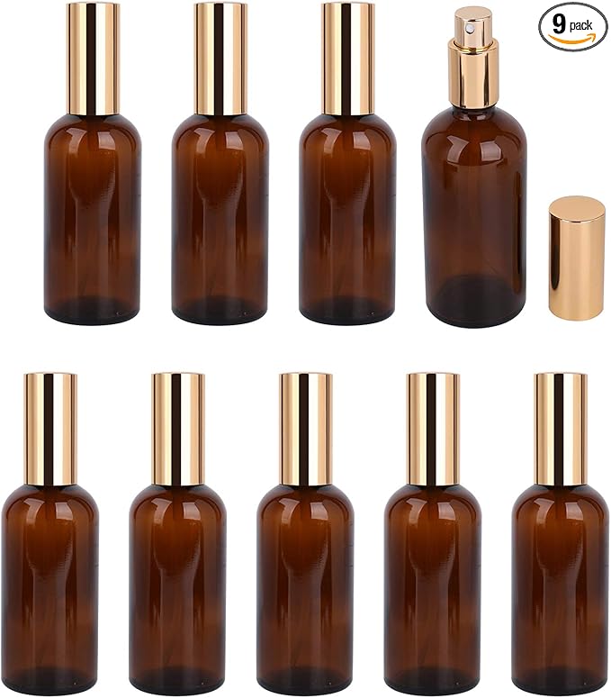 Foraineam 9 Pack 100ml / 3.4 oz. Amber Glass Spray Bottle with Atomizer, Fine Mist Spray, Refillable Container for Perfume, Cleaning Products, Essential Oils