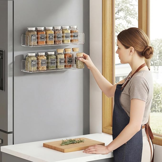 Novabright 2 Pack Magnetic Acrylic Spice Rack for Refrigerator Magnetic Fridge Shelf Storage Holder 11.8 Inch Clear Spice Seasoning Organizer for Cabinet Door, Cupboard or Wall Kitchen