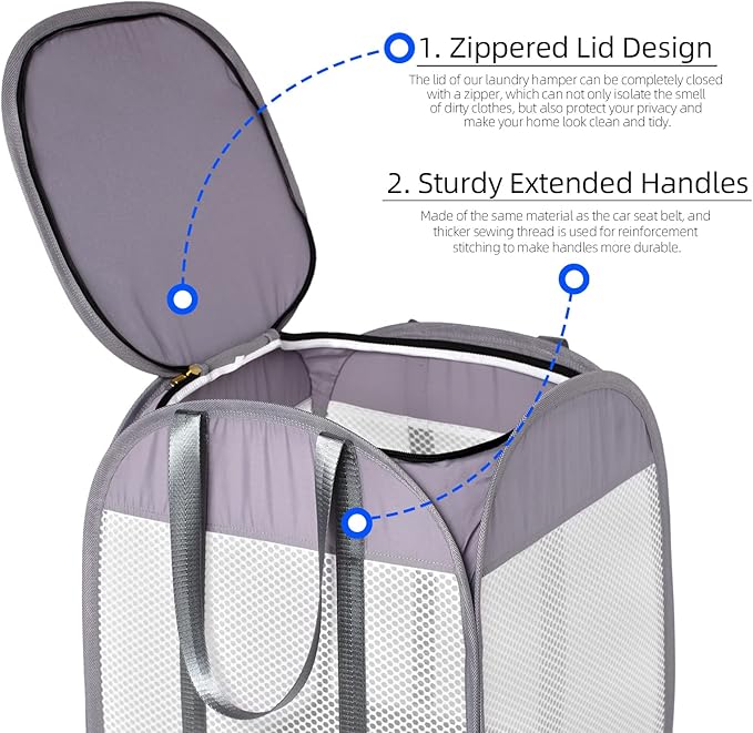 1.5 Loads, Pop-up Laundry Hamper with Extended, Thickened and Reinforced Handles, Tear Proof, Laundry Basket with Zipper Lid, With YKK Zipper, Honey Comb Mesh, Breathable, 14.9"*14.9"*21.6" (white)