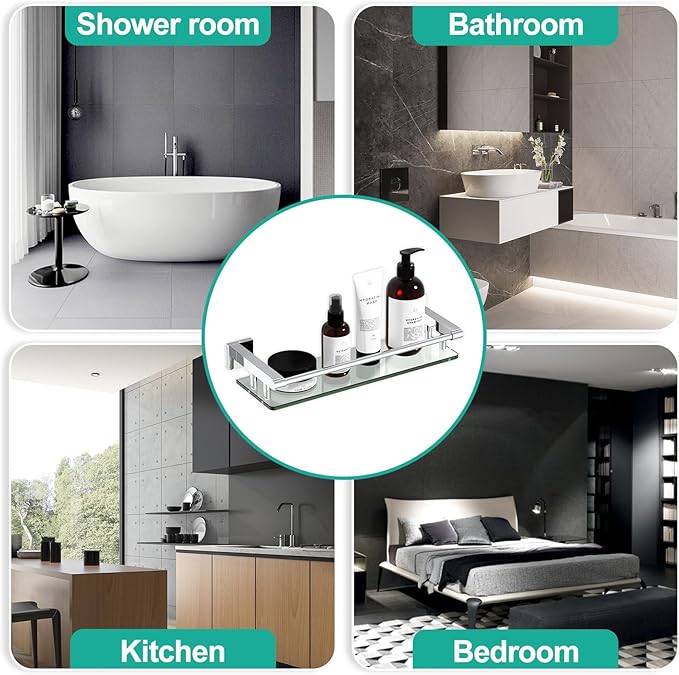 SFGSOWOR Glass Shelves for Wall, Chrome Stainless Steel & Tempered Glass Glass Shelf for Bathroom, Shelf Sink Over Toilet Bathroom Organizer (16-inch, Polished)