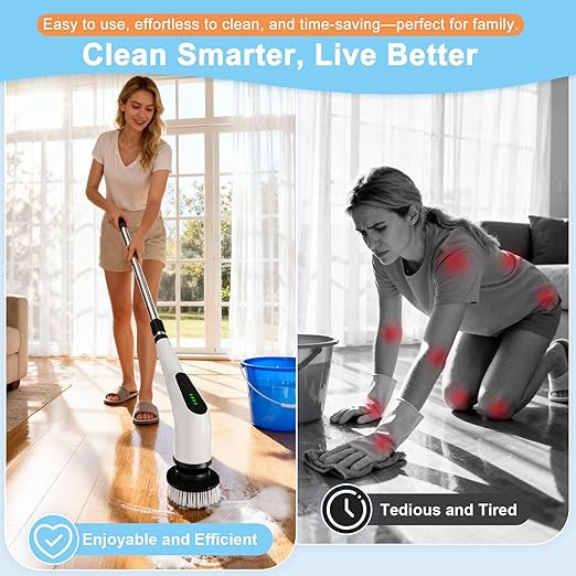 Homlab Electric Spin Scrubber, Cordless Cleaning Brush with 8 Replaceable Brush Heads, Shower Scrubber with Adjustable Extension Handle, Waterproof Power Scrubber for Bathroom Tile Floor Tub Car Walls
