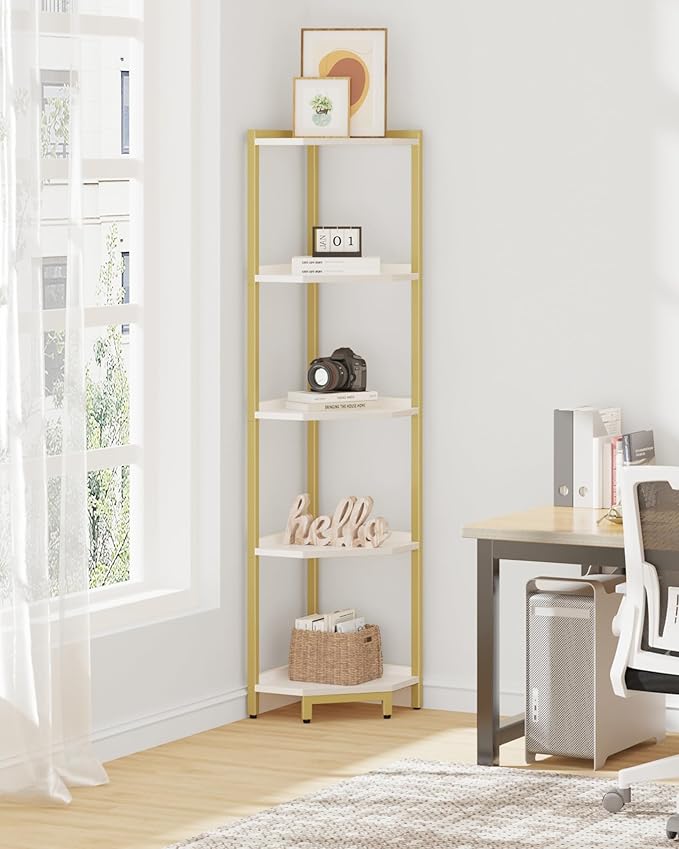 Corner Shelf Stand, Corner Bookshelf, Storage Standing Shelf Unit with Metal Frame, Plant Stand, Bookcase for Living Room, Home Office, Bedroom, 5-Tier White Gold CS05903A