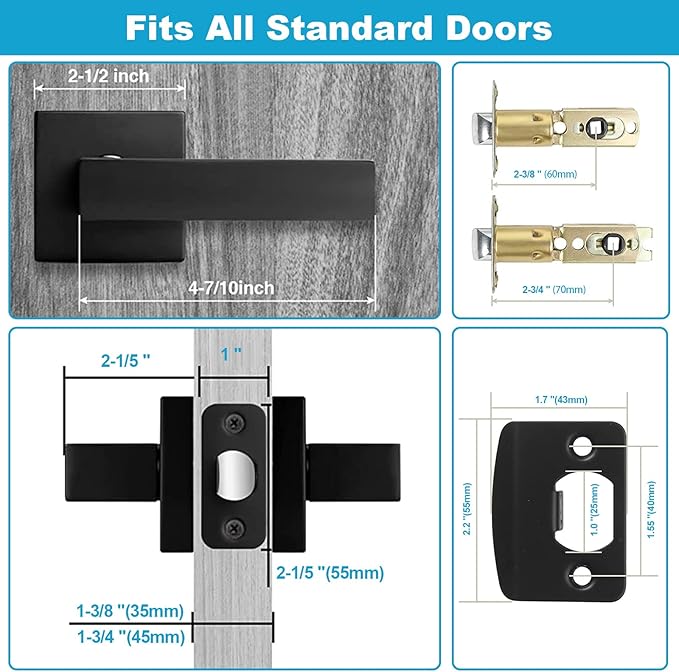 Estmoon 6 Pack Door Handles Matte Black - Passage Door Knobs Interior Square Door Levers, Heavy Duty Non-Locking Leversets Hall Closet Handles, Reversible for Right & Left Sided Doors