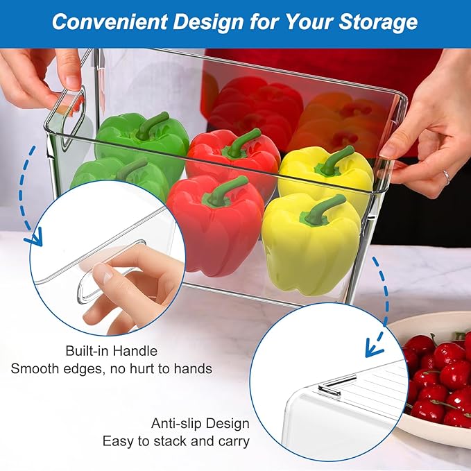 4 Pack Plastic Storage Bins with Lids, Clear Stackable Organizer with Handle, Kitchen Pantry Organizers and Storage, Perfect for Pantry, Refrigerator, Fridge, Bathroom, Cabinet, Closet, Kitchen