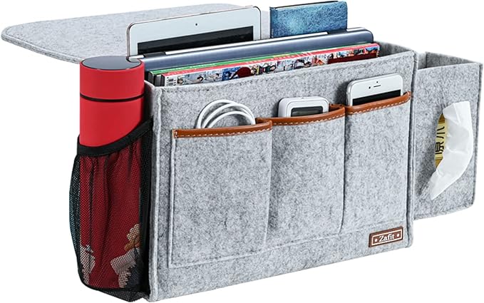 Zafit Bedside Caddy, Large Size Bedside Storage Organizer Bedside Organizer Caddy for Magazine Remotes Phone (13.4'' x 18.1'' Tissue box holder, Light Grey)