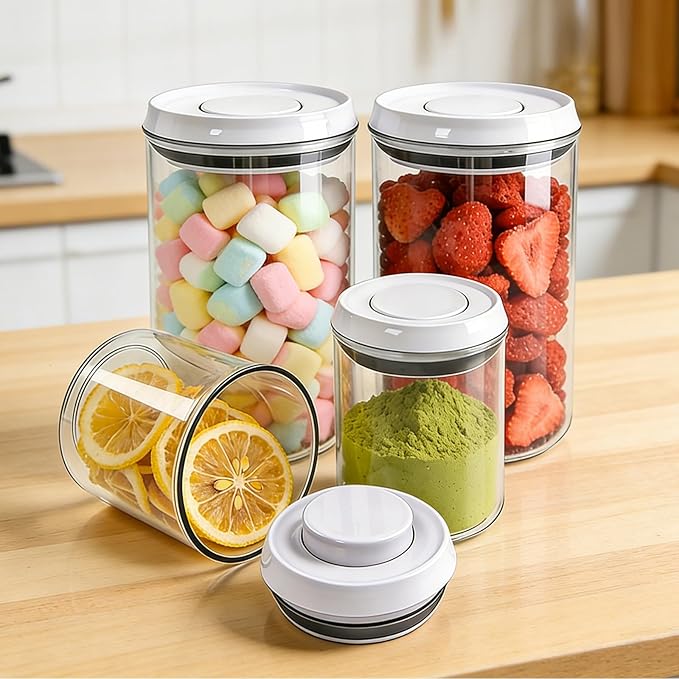 Airtight Pop Top Food Storage Container Sets with Lids 4Pcs Round Pop Containers for Kitchen Pantry Organization BPA-Free Stackable Kitchen Storage Containers for Cereal Flour Sugar (0.6, 1.7qt)*2