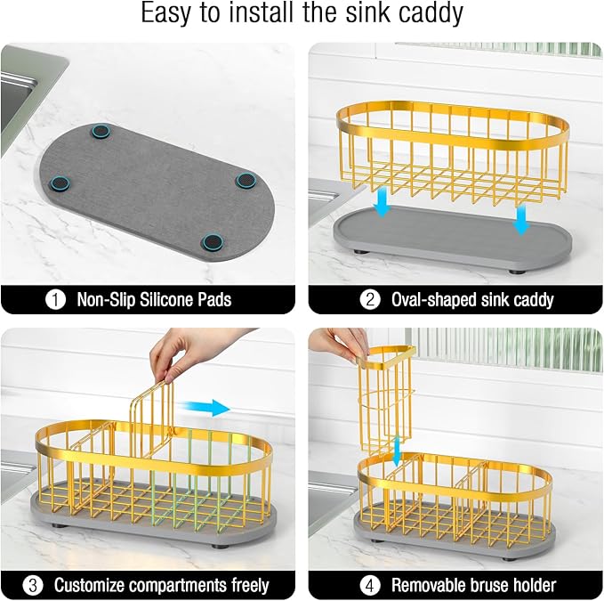 LARGE Kitchen Sink Caddy Organizer,[FLEXIBLE PLACEMENT & FAST-DRYING] Sponge Holder for Kitchen Sink Countertop with High Brush Holder-Rustproof 304 Stainless Steel-9.84"L x 4.72"W x 5.83"H