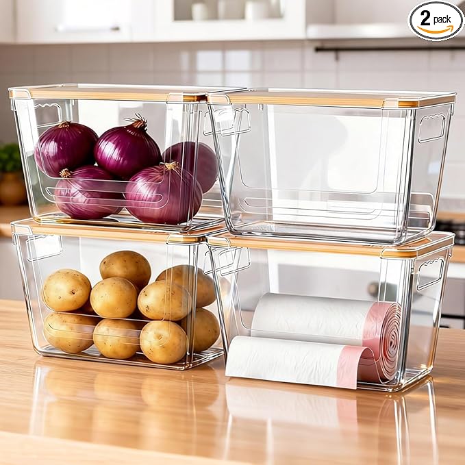 2 Pack Multi-Function Storage Boxes with Bamboo Lids, Trash Bag Organizer, Suitable for Organizing Kitchen, Cabinets, Under Sink, Laundry Room and Pantry (Clear, 2 Pack)
