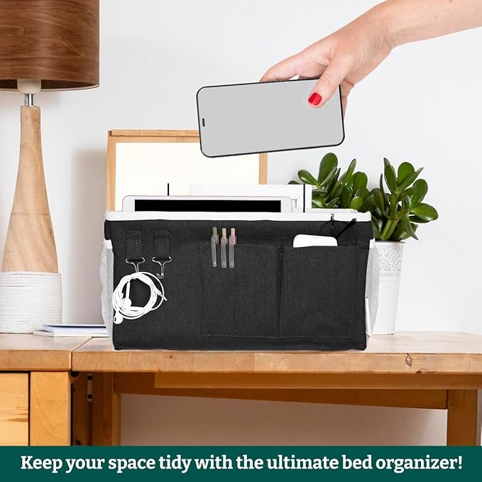 Bedside Caddy Organizer Hanging Storage Bag with Pockets for Books, Magazines, Phone, Tablet & Water Bottle – 2-Pack Bedside Storage for Dorm Rooms, Bunk Beds, Hospital Beds & Cribs, Black
