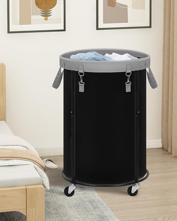 STORAGE MANIAC Rolling Laundry Hamper with Wheels 110L Laundry Basket, Round Laundry Cart with Metal Frame and Removable Bag, Clothes Hamper for Bedroom, Bathroom, Dorm Room, Laundry Room, Black