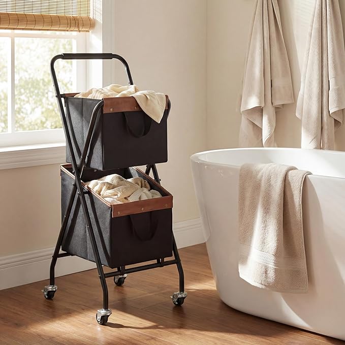 HOOBRO Folding Laundry Cart with Wheels, 17.8 Gal. (67.5 L) Rolling Laundry Hamper, 2 Section Clothes Basket with Metal Frame & Canvas Liner for Small Narrow Space, Black and Brown BB23XY01