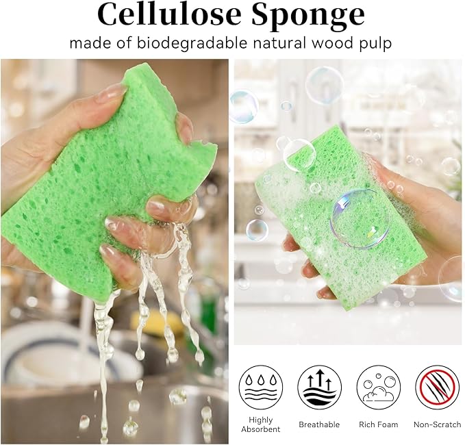 6 Pcs Kitchen Sponges for Dishes Cleaning, Non Scratch for Non Stick Cookware, Compressed Natural Cellulose Sponges, Dish Washing Scrubbers, Scrubbing Pads for Household, Bathroom (Green)