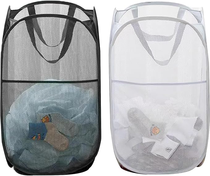 Pack of 2 Pop Up Mesh Laundry Hamper for Cruise, Collapsible Laundry Basket Space Saving, Large Side Pocket, Easy to Carry Handles