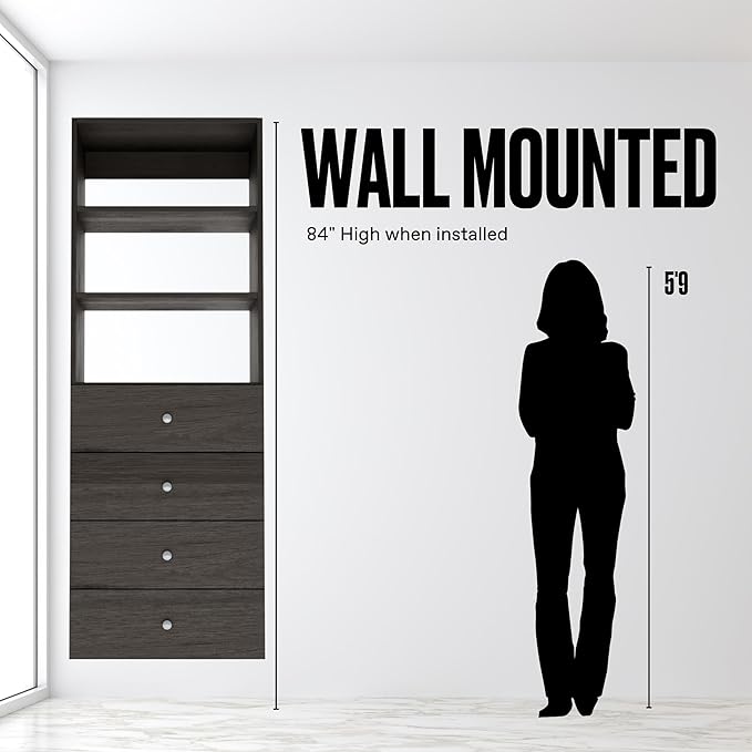 Modular Closet System - Tower With Drawers (4) - Corner Closet Organizer - Storage Shelves (Gray, 25.5 inches Wide)