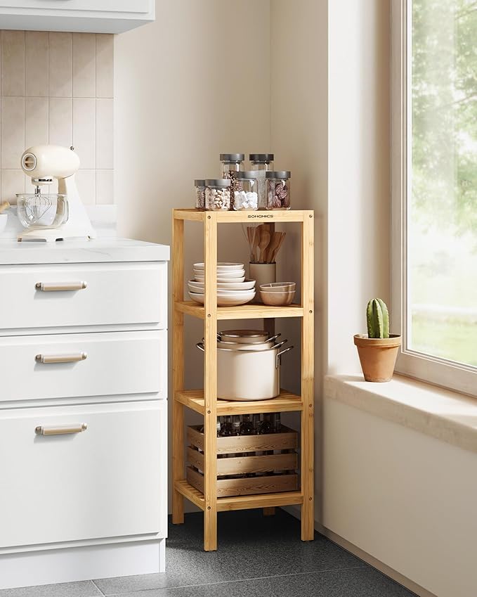 SONGMICS 4-Tier Bamboo Shelf, Narrow Bathroom Shelf, Standing Towel Rack, Corner Rack, for Kitchen, Living Room, Bedroom, Entryway, Bathroom, Natural UBCB54Y