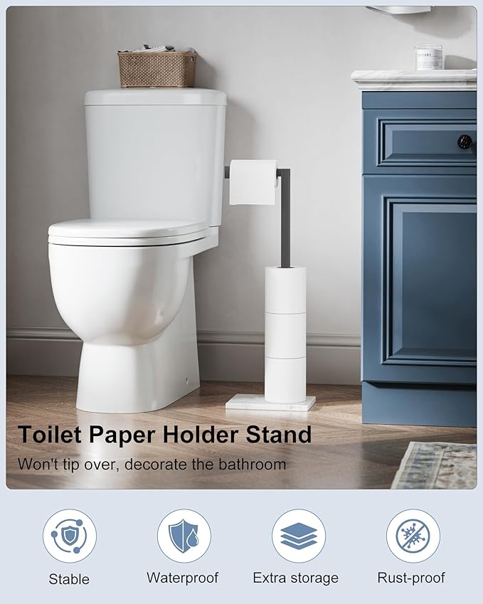 HOMEMYSTIQUE Free Standing Toilet Paper Holder Stand Matte Black SUS 304 Stainless Steel Rustproof 22" Rotating Bathroom Tissue Roll Holder for 4 Rolls with Marble Base