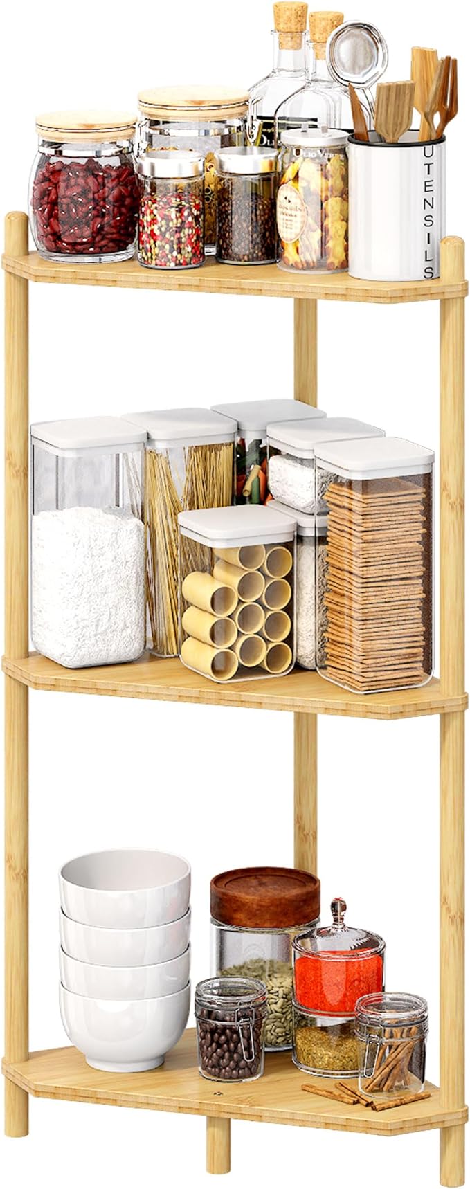 Corner Shelf Stand - 3 Tier Bamboo Small Corner Bookshelf for Office Kitchen Bedroom Plant Stand Living Room Decor Small Space (Natural，3 Tier)