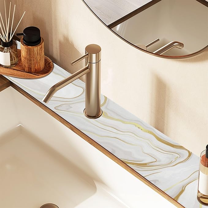 Kitchen Sink Splash Guard Sink Faucet Mat Faucet Handle Drip Catcher Drain Mats for Kitchen Bathroom Countertop Absorbent Dish Drying Mat Pad 2pack 30x5.4Inch White Marble Texture