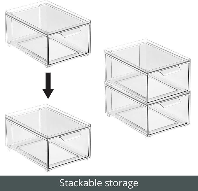 mDesign Stackable Storage Containers Box with 2 Pull-Out Drawers - Stacking Plastic Drawer Bins for Closet Organization, Linen, Coat, Bedroom or Entryway Closets - Lumiere Collection - 2 Pack - Clear