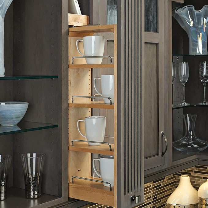 Rev-A-Shelf 3" W x 39" H Pull Out Quad Shelf Organizer for Wall & Base Kitchen Cabinets, Full Extension Filler Spice Rack, Adjustable, Wood, 432-WF39-3C