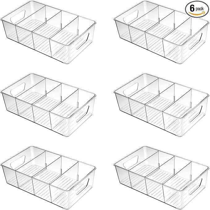 6 Pack Pantry Organizers and Storage, Clear Plastic with 3 Removable Dividers, for Tea Bag, Snack, Seasoning Organizer – BPA Free Perfect in Pantry and Fridge