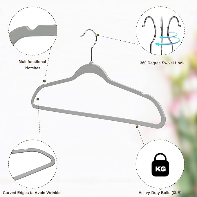Quality Hangers 50 Pack Plastic Hangers for Clothes - Slim Non-Velvet Hangers with 360° Swivel Chrome Hook & Non Slip Notches - Ideal for Dresses Coats Shirts Jackets & More - Gray