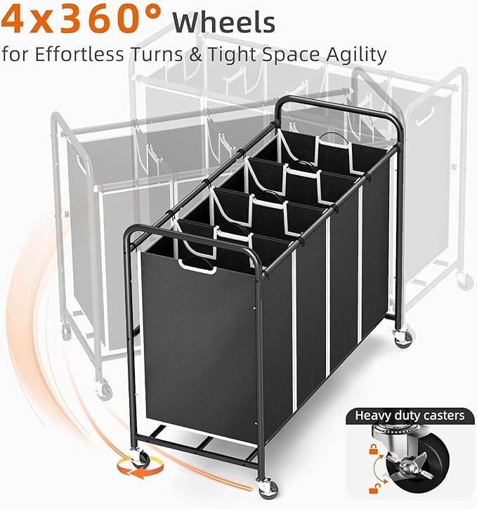 ROMOON Laundry Hamper Sorter Cart: 4-Section Organizer with Heavy-Duty Lockable Wheels and Removable Bags | 172L Rolling Laundry Basket for Dirty Clothes in Laundry Room or Small Spaces (Black)