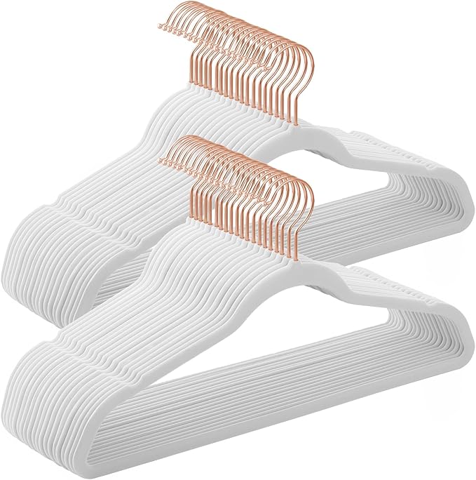 SONGMICS Slim Velvet Hangers, Non-Slip Clothes Hangers with Rose Gold Swivel Hooks, Space-Saving, for Closet, 50 Pack, White UCRF026W03