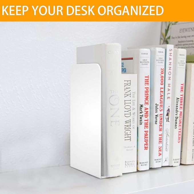 VFINE Bookends 4 Pairs, White Metal Book Ends, Bookends for Shelves, Book Stopper for Heavy Books, Book Dividers for Home Office