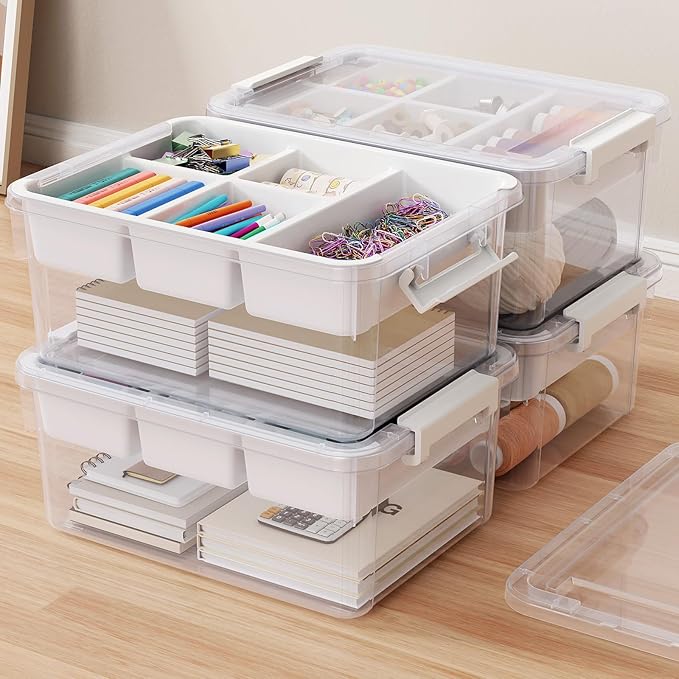 HOMETUK 80Qt Stackable Storage Bins with Lids & Trays, Clear Plastic Latching Boxes Organizers with Dividers Portable 20Gal Containers for Arts & Crafts, Home and Car Trunk Organization, 4Pack