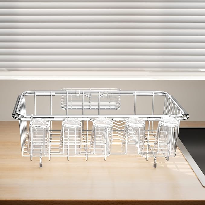 Small Dish Drying Rack in Sink, Extendable Stainless Steel Dish Drainers for Kitchen Counter, Anti-Rust Dish Dryer Rack with Utensil & Cup Holders, for Inside Sink, Over The Sink(for 1-2 People)