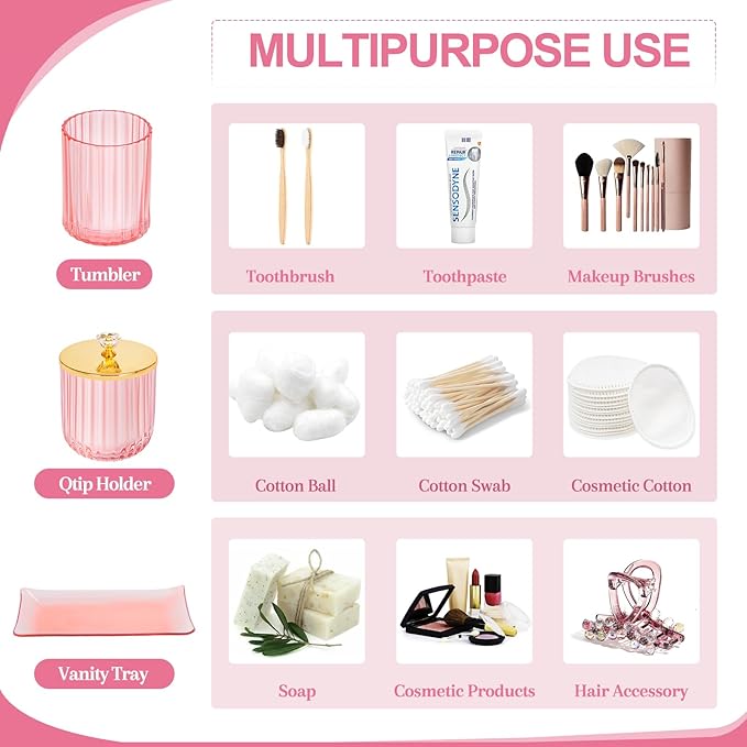 Pink Bathroom Accessories Set 4PCS Glass Bathroom Accessories Set with Soap Dispenser Toothbrush Holder Qtip Holder & Vanity Tray, Pink and Gold Bathroom Decor