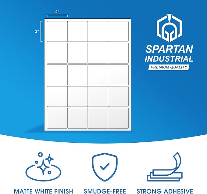 2" X 2" Square Printable Labels for Inkjet and Laser Printers - 30 Sheets, 600 Matte White Custom Stickers for Business Logos, QR Code Stickers, Product Labeling - Spartan Industrial Template S002