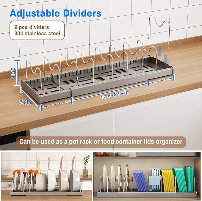 2 Pack Pots and Pans Organizer Under Cabinet, 22" Expandable Food Storage Container Lid Organizers with 9 Adjustable Dividers Pot and Pan Lid Holders Rack Inside Cabinet/Countertop(Gray)