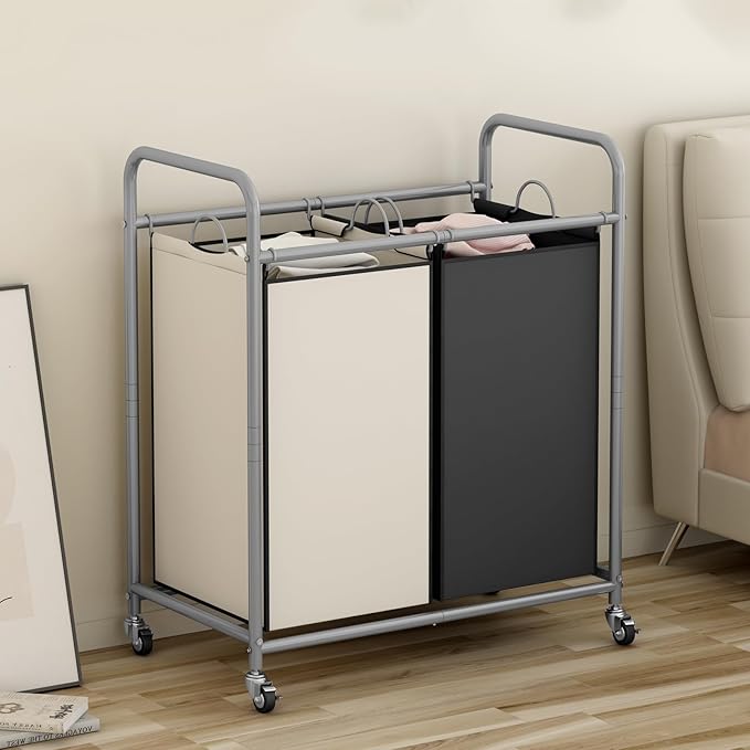 SUOERNUO Laundry Sorter Basket 2 Bag Laundry Hamper Cart with Rolling Lockable Wheels and Removable Bags Laundry Organizer Cart for Clothes Storage, Assorted