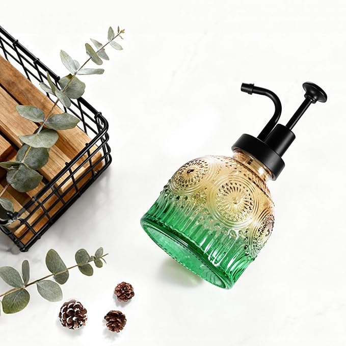 Amolliar 8 Oz Vintage Glass Bathroom Soap Dispensers with Pump, 2 Pack Refillable Kitchen Dish Soap Dispenser with Stripe, Antique Rustic Hand Soap Liquid Bottle (Green Gradient-Black Pump)