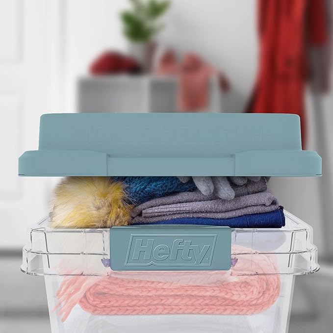 Hefty HI-RISE 18 Qt Plastic Storage Bins with Lids, 8 Pack Clear Stackable Containers with Secure Latching Handles, Under Bed Storage Boxes for Clothes, Shoes, Toys, Closet Organization