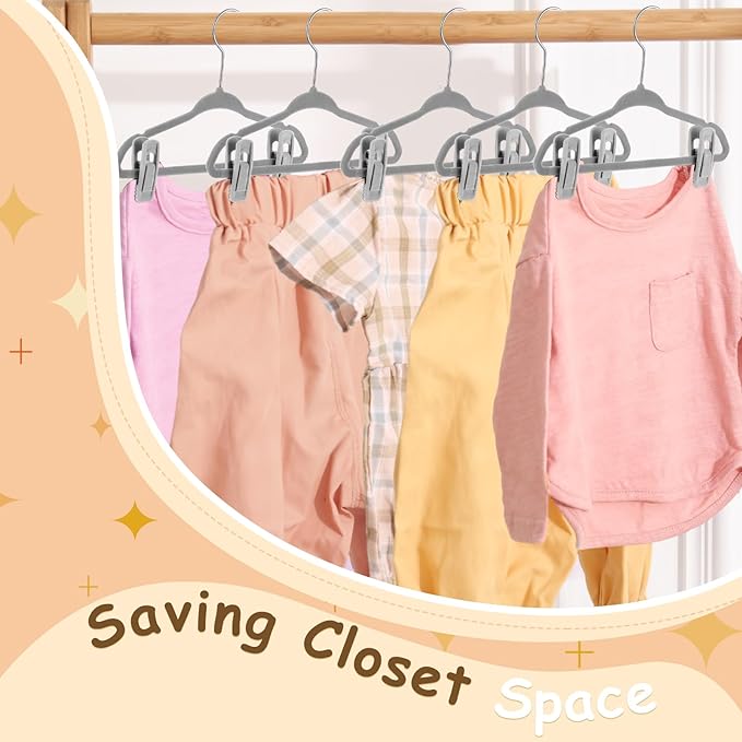 Soaoo 20pack Premium Baby Velvet Hangers with Adjustable 40 Clips, Non Slip 11 Inch Slim Kids Closet Organizer for Pants, Dresses & Matching Outfits, Nursery & Toddler Wardrobe (Grey)