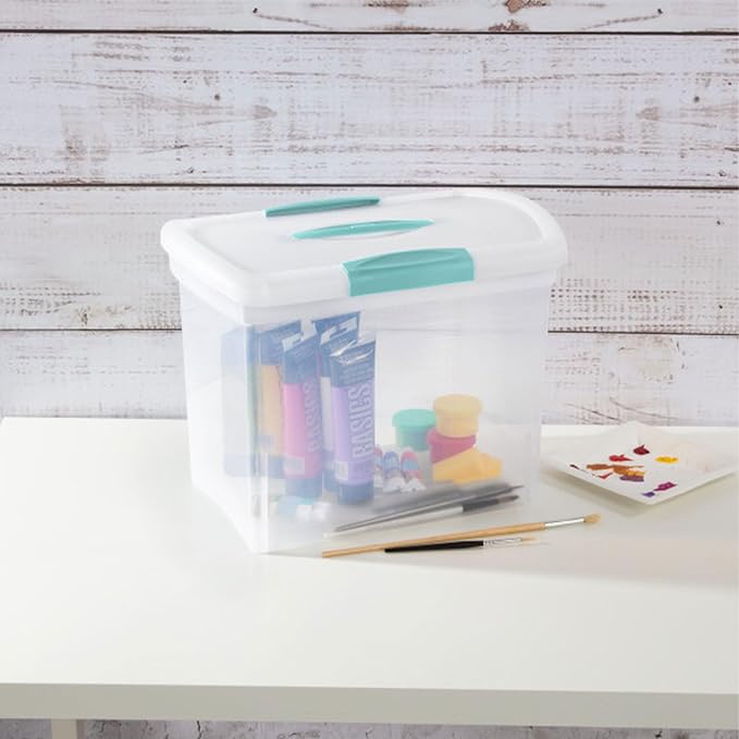 Sterilite Large Nesting ShowOffs, Stackable Small Storage Bin with Latching Lid and Handle, Plastic Container to Organize Office Files, Clear, 18-Pack