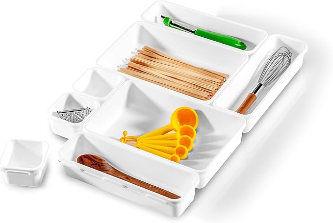 madesmart 8 Piece Interlocking Bin Pack, Modular Drawer & Desktop Organizer for Office Supplies, Tools, Kitchen Utensils & Bathroom Items, Configurable Storage System, White