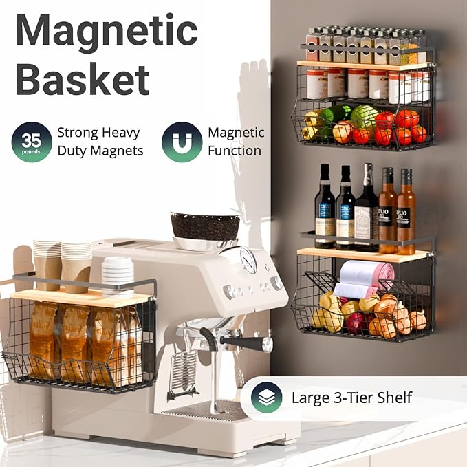 3-Tier Magnetic Shelf for Fridge with Divider & Bamboo Top, Fruit Basket Potato and Onion Storage Bins, Kitchen Large Container Magnetic Spice Rack for Refrigerator, Kitchen Counter, Fridge Organizer
