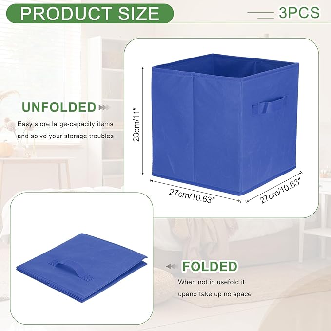 uxcell 3Pcs Fabric Storage Bins, 11 Inch Cube Storage Bin Foldable Storage Cube Organizer Bins with Handles for Shelf Closet, Nursery Home, Bedroom(Dark Blue)